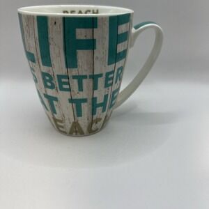 Paula Scaletta Life Is Better At The Beach‎ 4" Coffee Tea Mug Teal Cream Tan